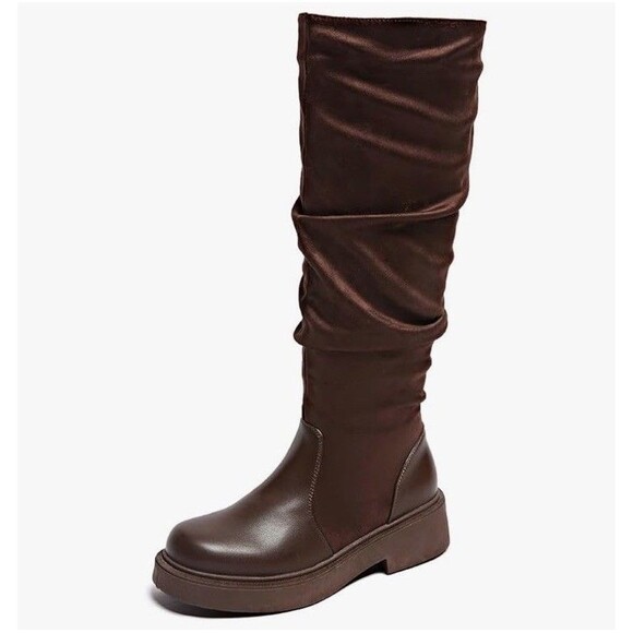 Women's Fashion Thick Heel Riding Boots Brown Side Zipper Durable Elegant 7.5 - Picture 2 of 13